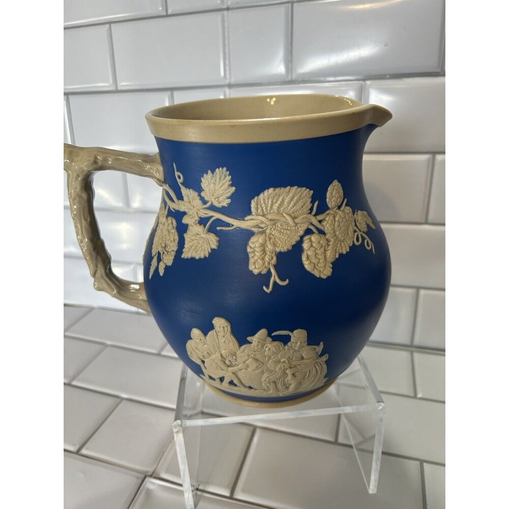 ANTIQUE COPELAND SPODE JASPER WARE ALE/BEER PITCHER w/ PUB SCENES & HOPS c1910